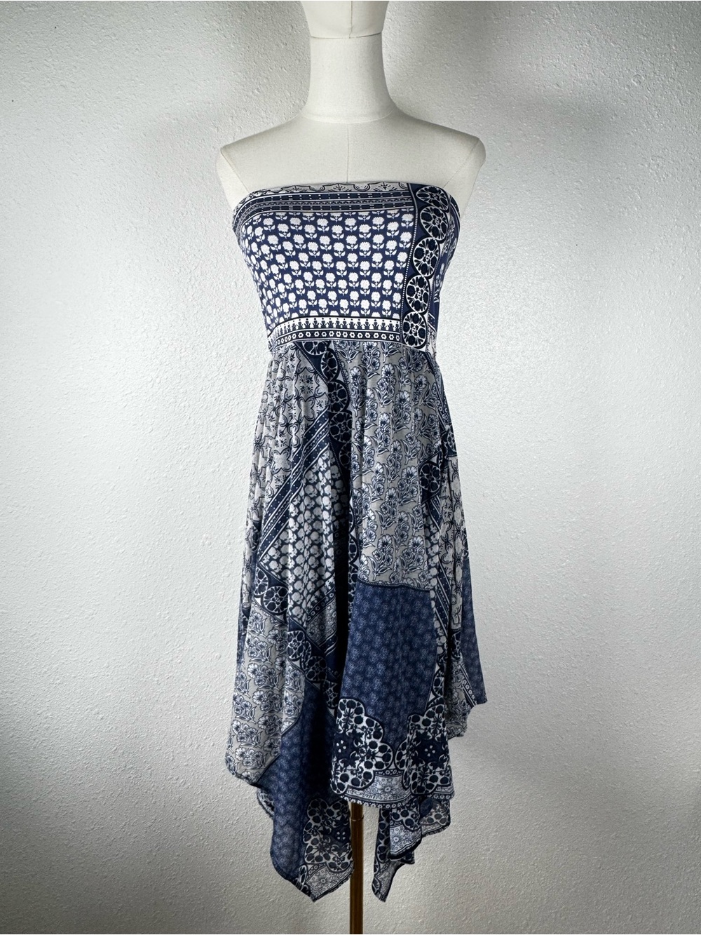Y2K INC Boho Strapless Patchwork convertible Dress skirt Handkerchief Hem Medium